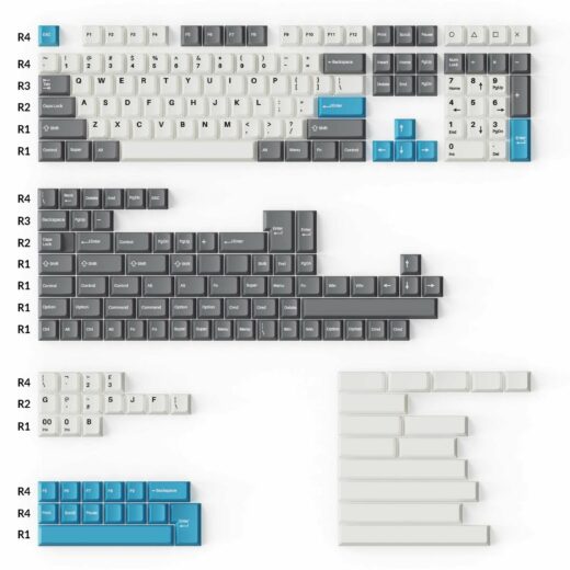 Cherry Profile Double-Shot PBT Full Set Keycaps – Grey, White, and Blue