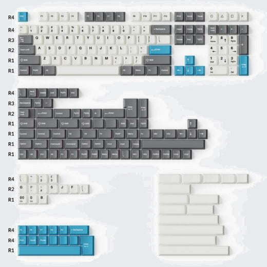 Cherry Profile Double-Shot PBT Full Set Keycaps â€“ Grey, White, and Blue 1