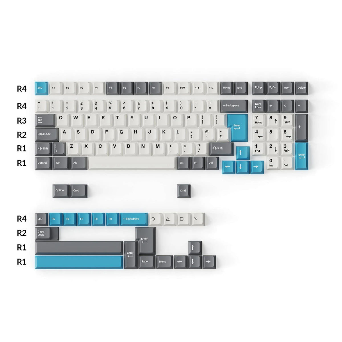 Cherry Profile Double-Shot PBT Full Set Keycaps â€“ Grey, White, and Blue 4